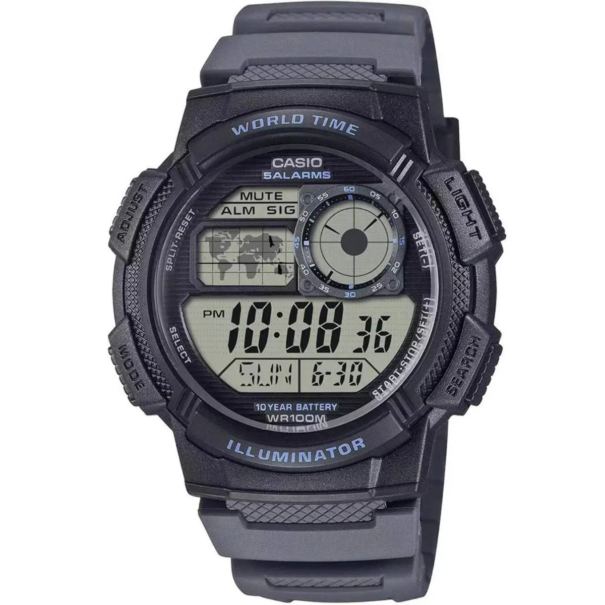 Casio AE1000W-8AV Digital Watch World Time 100M Water Resistant Resin Band AE-10 - Black, Dial: Grey, Band: Black