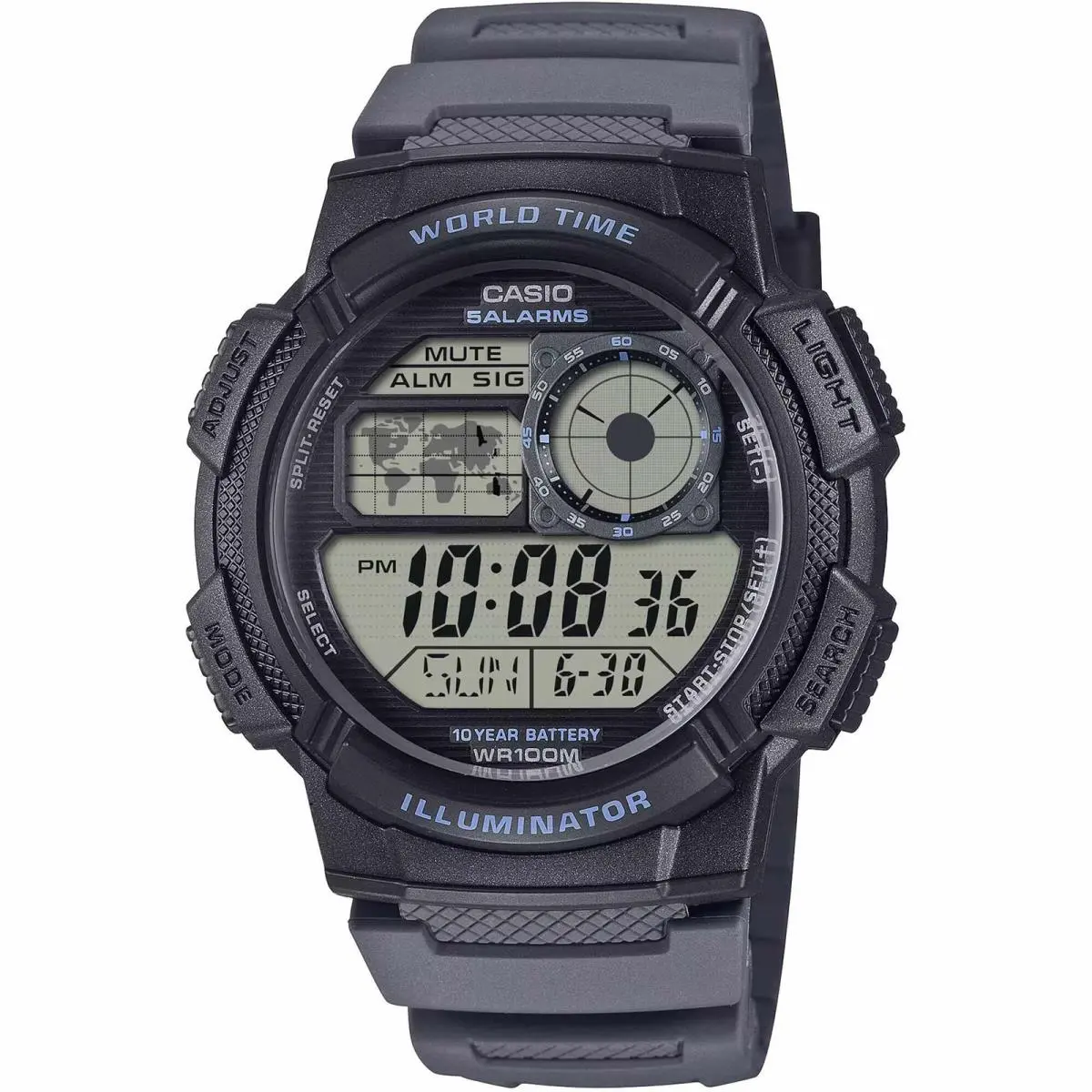 Casio Unisex Watch World Time Digital Dial Grey Resin Strap Alarm AE1000W-8AV
