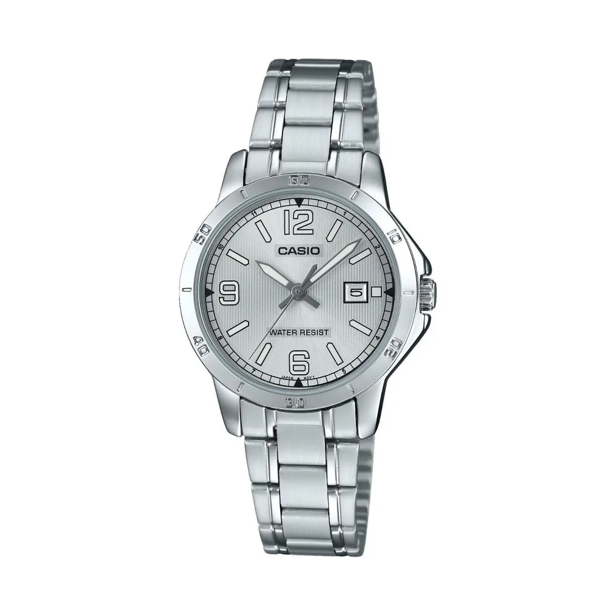 Casio LTP-V004D-7B2 Women`s Dress Stainless Steel Silver Dial Date Watch - Dial: Silver, Band: Silver