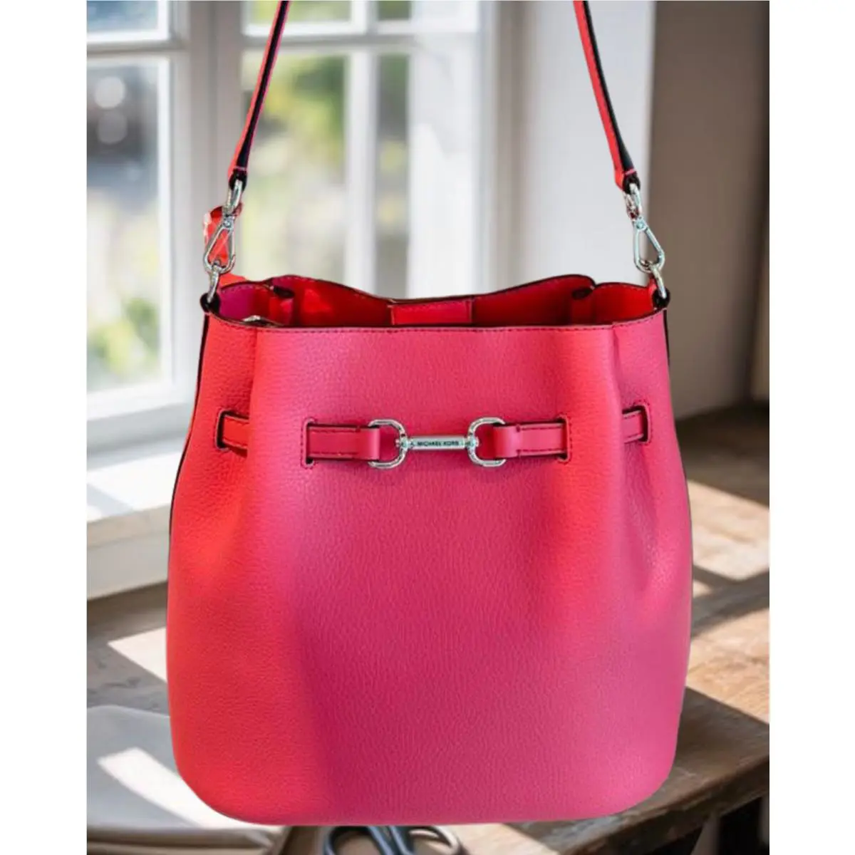 Michael Kors Carson Medium Leather Bucket Handbag Purse Crossbody Bag Hibiscus