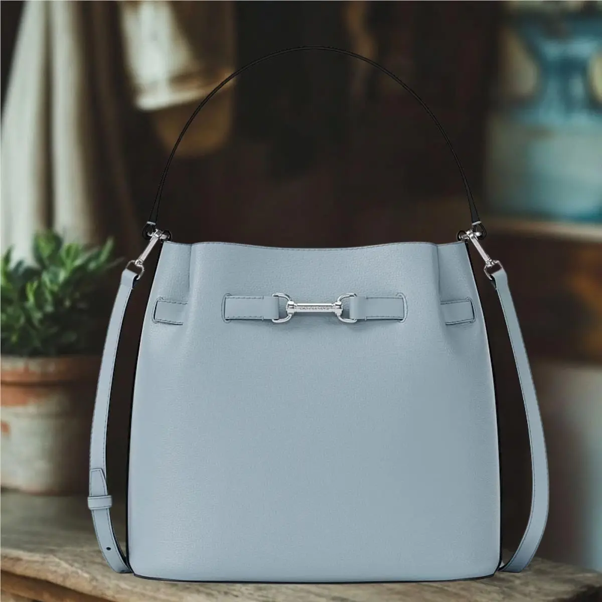 Michael Kors Carson Medium Leather Convertible Bucket Crossbody Bag Pale Ocean