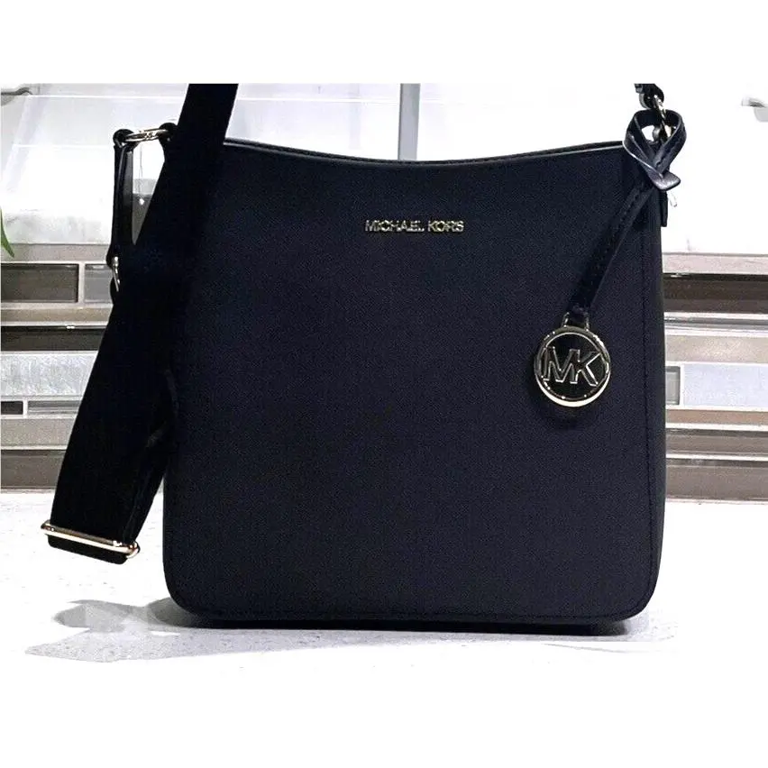 Michael Kors Jet Set Travel Small Zip Crossbody Messenger Bag Black Leather Gold