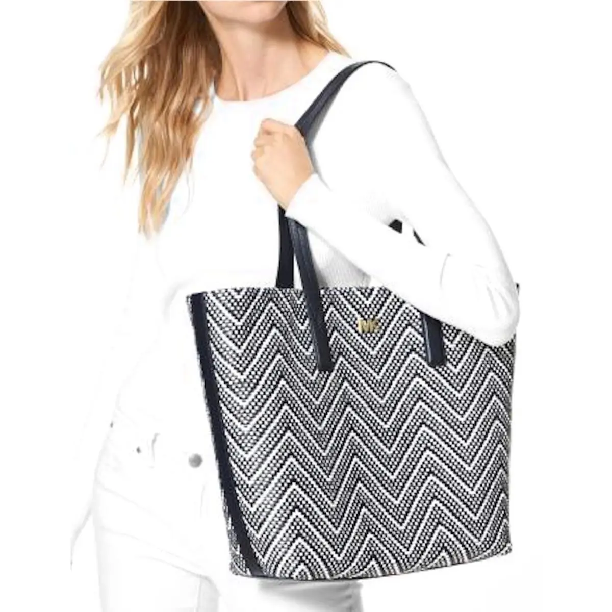 Michael Kors MK Junie Chevron Leather Tote Navy Blue White Handbag Bag Purse