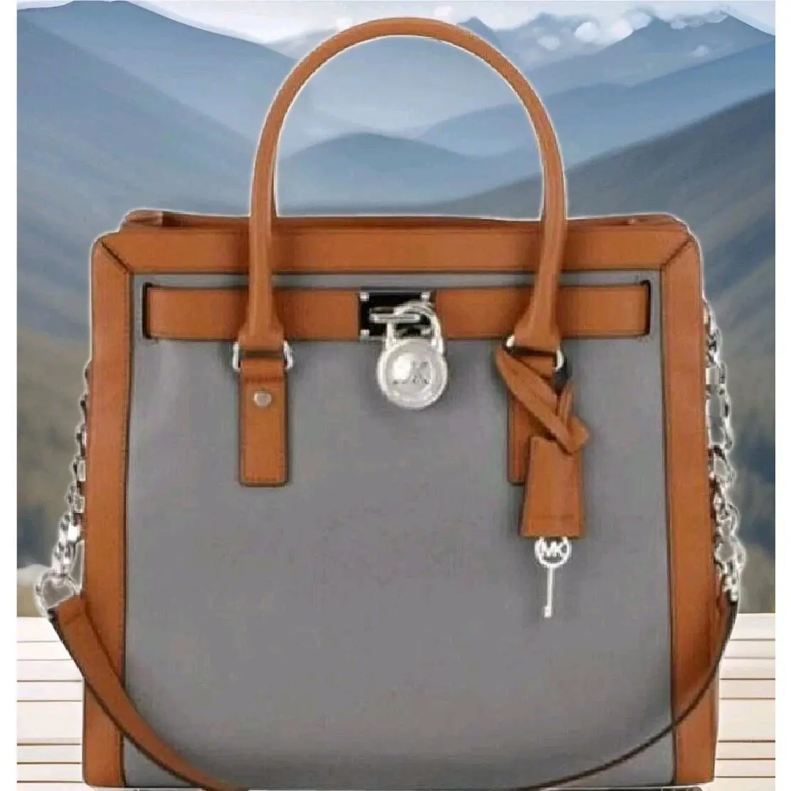 Michael Kors Large Hamilton Frame Out Steel Gray Acorn Leather Tote Bag