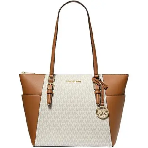 Michael Kors Charlotte Large Leather Top Zip Tote Bag Vanilla Shoulder Bag Purse