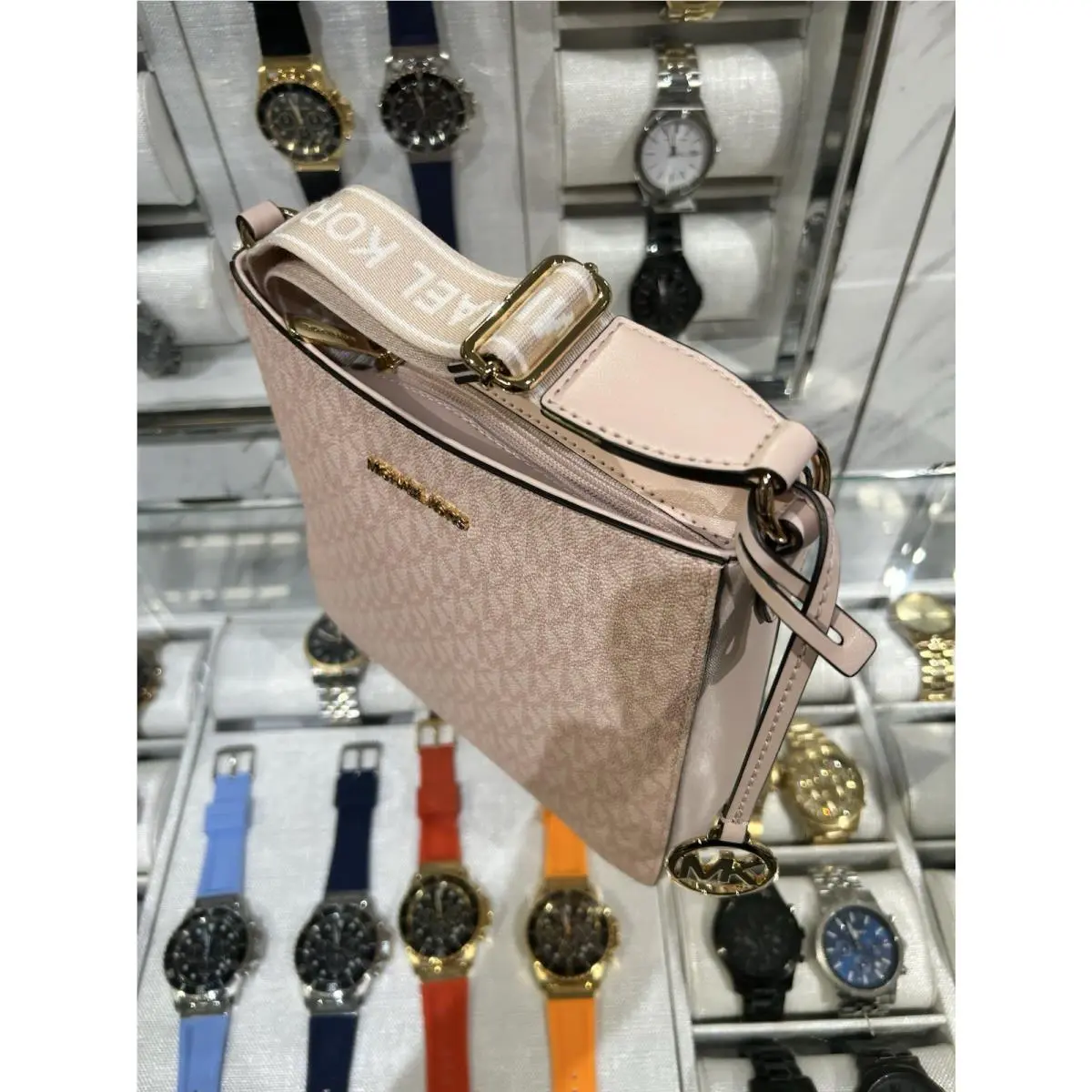 Michael Kors Small Zip Bag Crossbody Messenger MK Signature Pink Purse Handbag