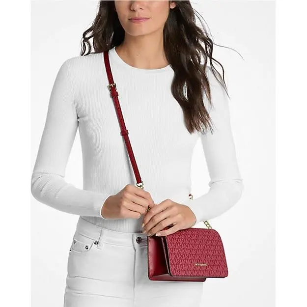 Michael Kors MK Signature Medium Full Flap Shoulder Crossbody Bag Cherry Red