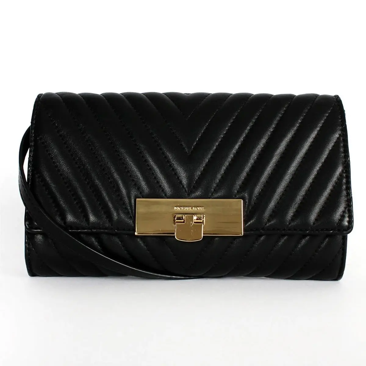 Michael Kors Susannah Quilted Leather Lock Clutch Shoulder Bag Black Purse