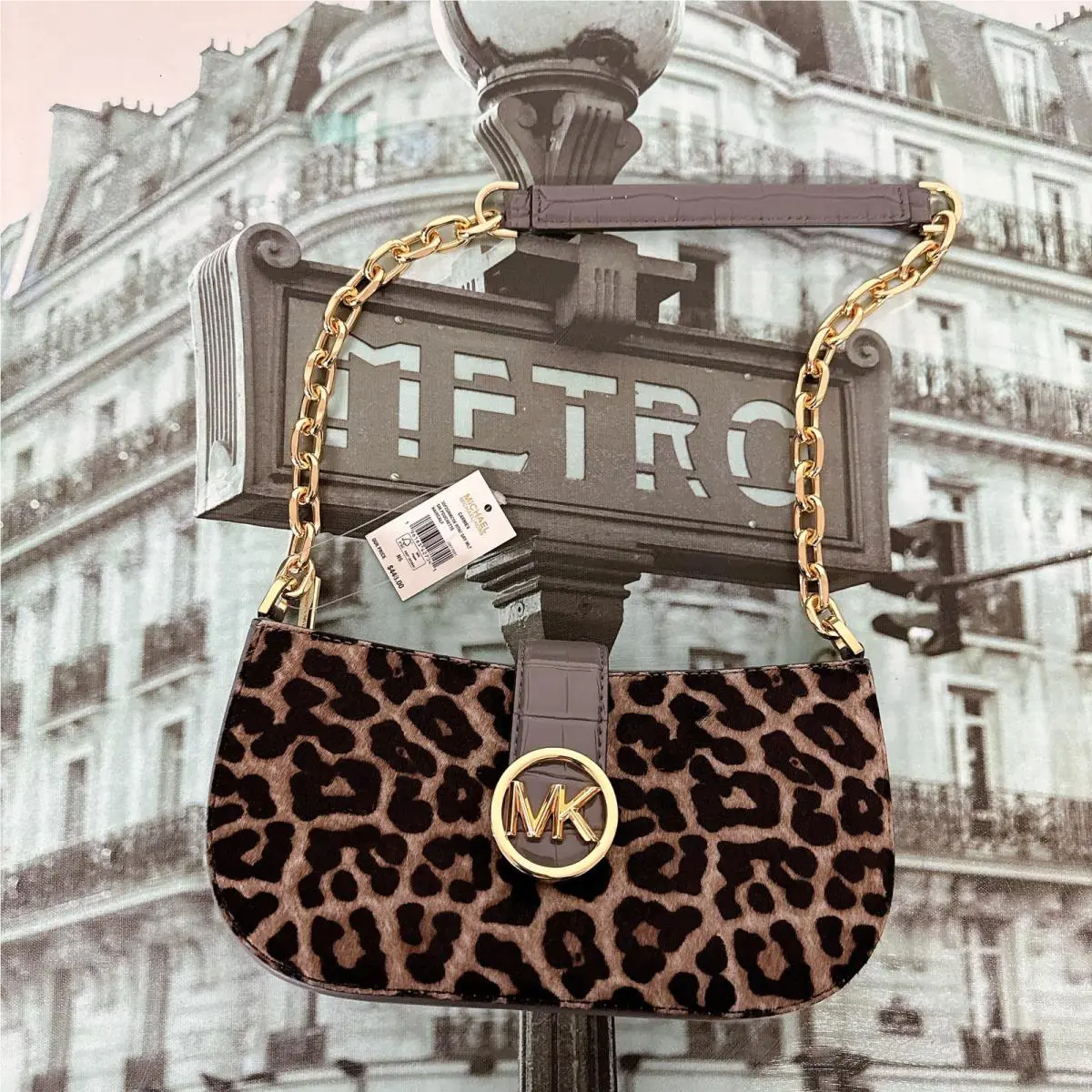 Michael Kors 35F2GNMC1H Carmen SM Exotic Embossed Chain Bag IN Grey Multi