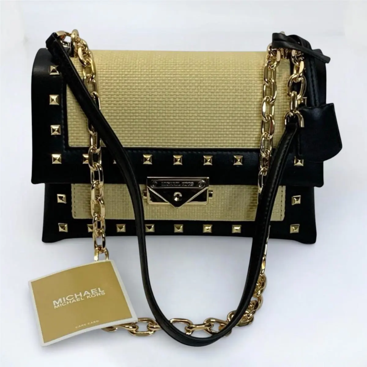 Michael Kors Cece Flap Shoulder Bag Studded Beige Black Chain Leather Strap