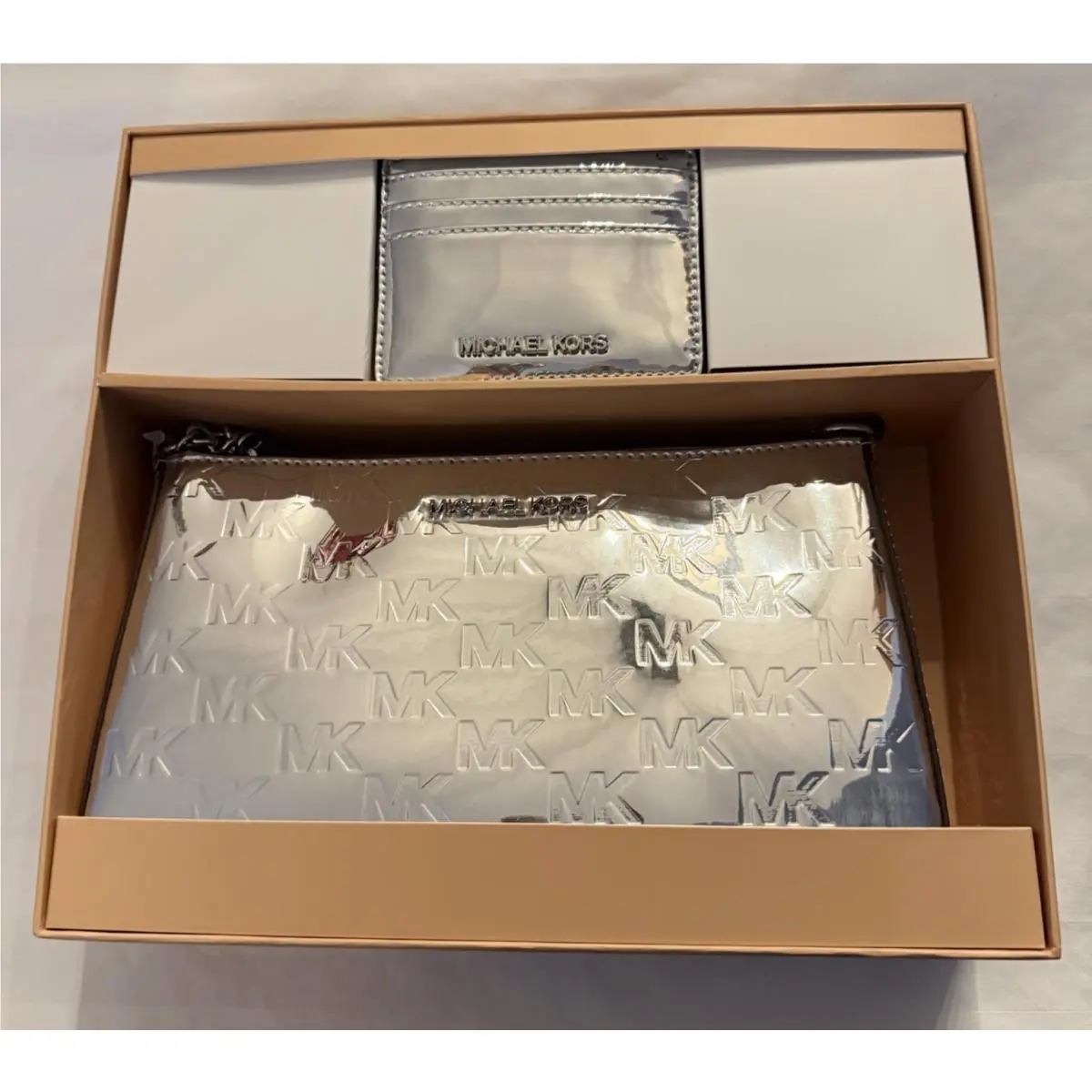 Michael Kors Metallic Silver Crossbody Purse with Card Holder Boxed Set