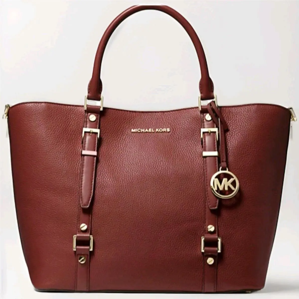 Michael Kors Bedford Legacy Brandy Dark Red Leather Large Belted Tote Bag