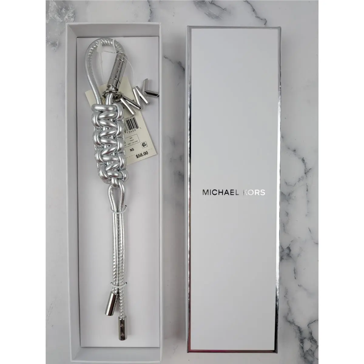 Michael Kors Silver Tone Metallic Braided Cord Bag Charm Keychain Accessory