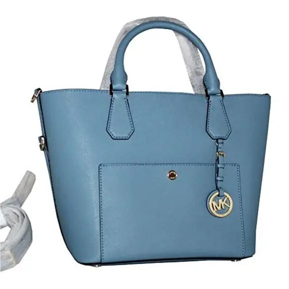 Michael Kors Greenwich Large Saffiano Leather Satchel Shoulder Grab Bag Sky