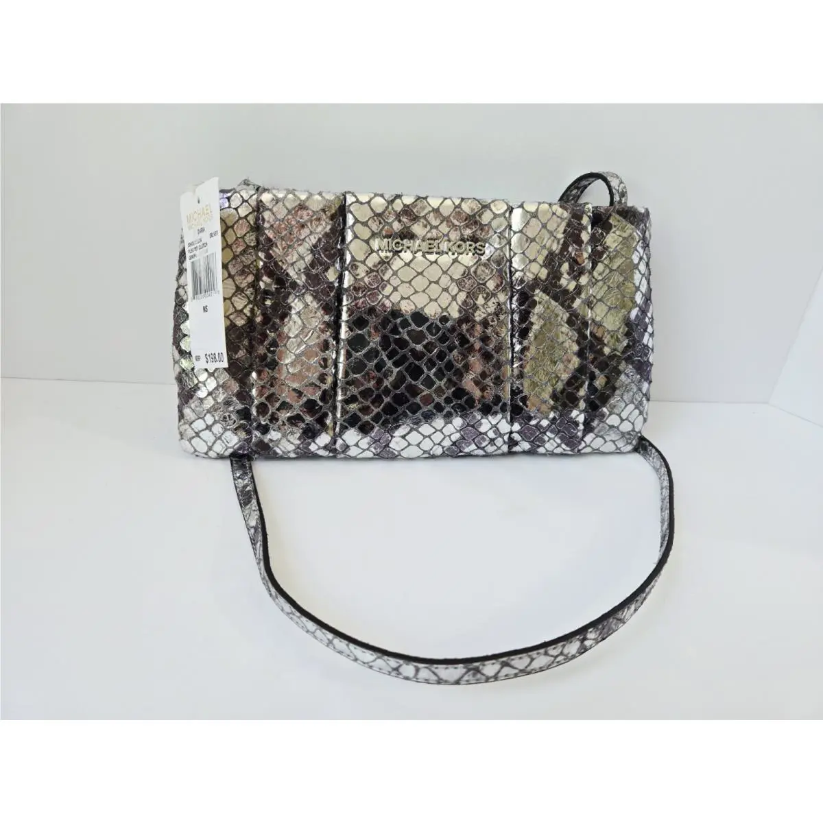 Michael Kors Daria Pleated Clutch Purse Crossbody Leather Silver Snakesk