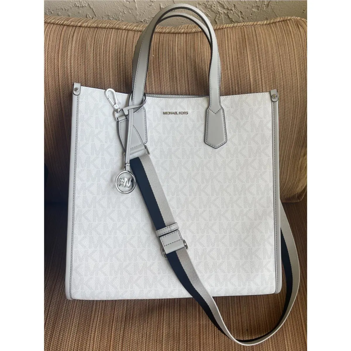 Michael Kors Maple Large NS Tote White and Ligth Gray MK Logo Crossbody Handbag