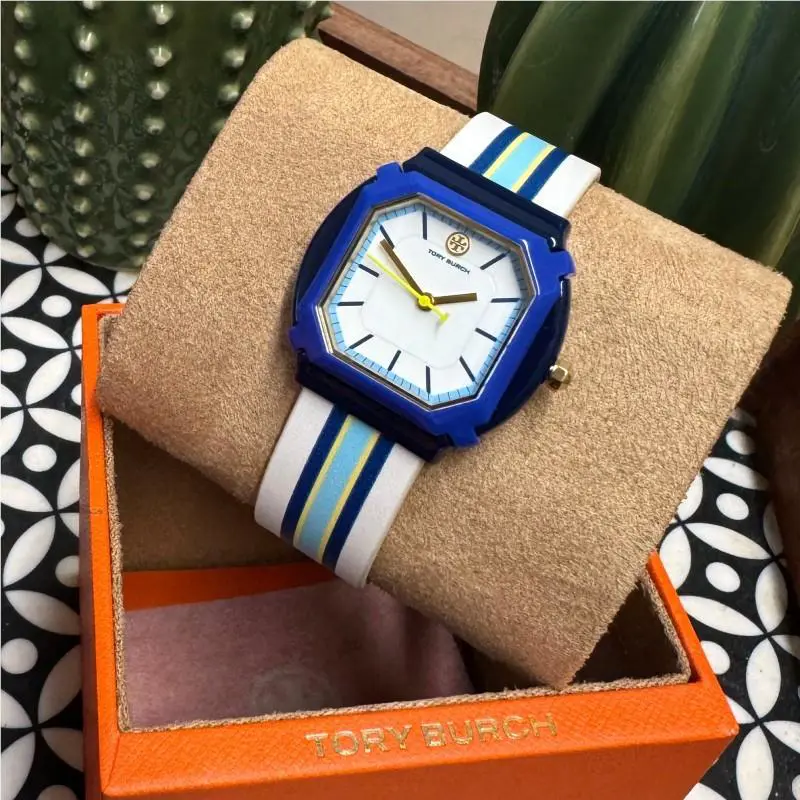 Tory Burch Blake Blue Stripe Leather Strap Watch TBW5104