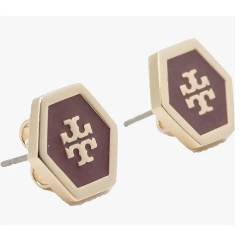 Tory Burch 82437 Claret with Tory Gold Women`s Hex Logo Enamel Earrings