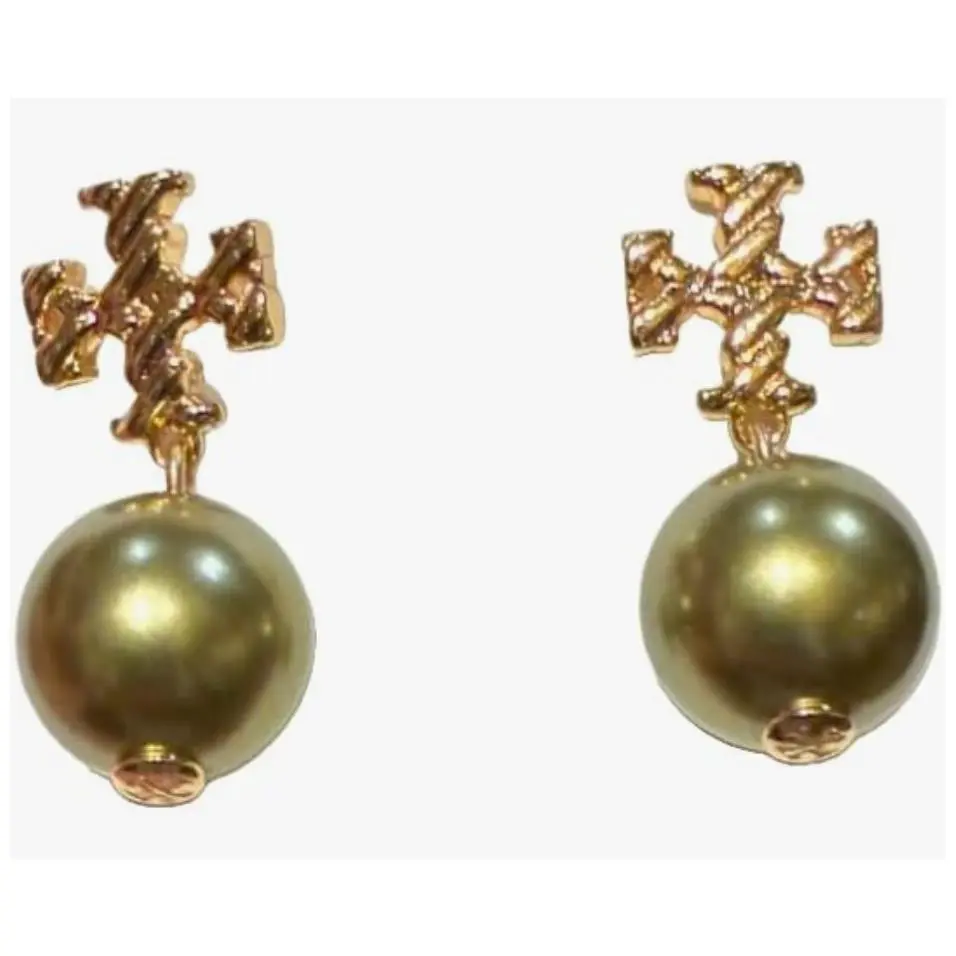 Tory Burch Textured Rope Logo Pearl Drop Earring Gold Plated Pearl