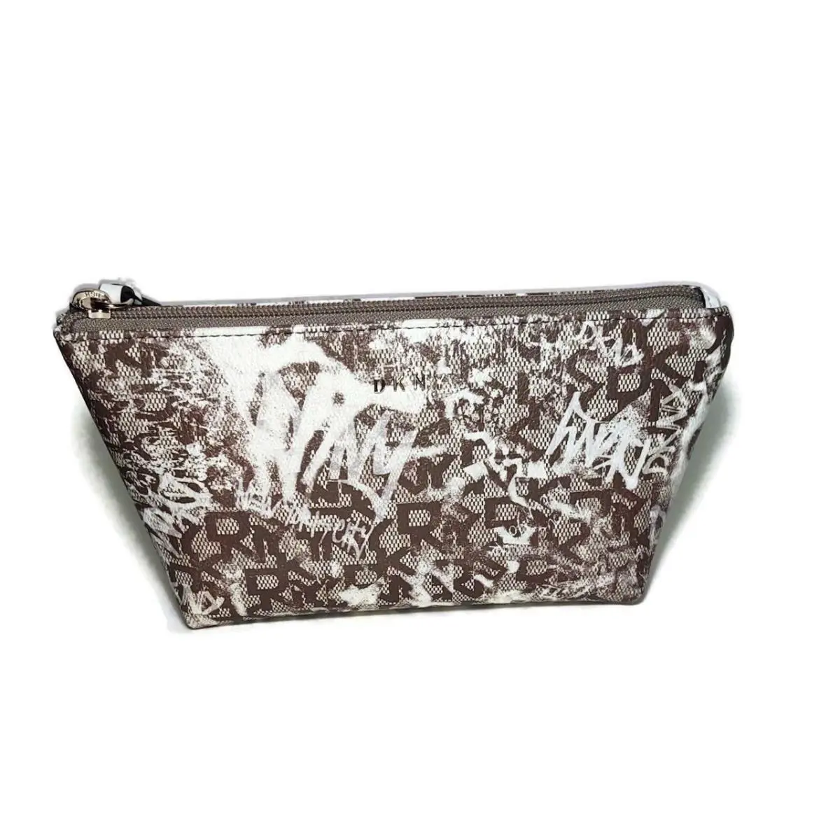 Dkny Beanie Hat Monogram Pouch Logo Brown White Pouch Handbag - Brown