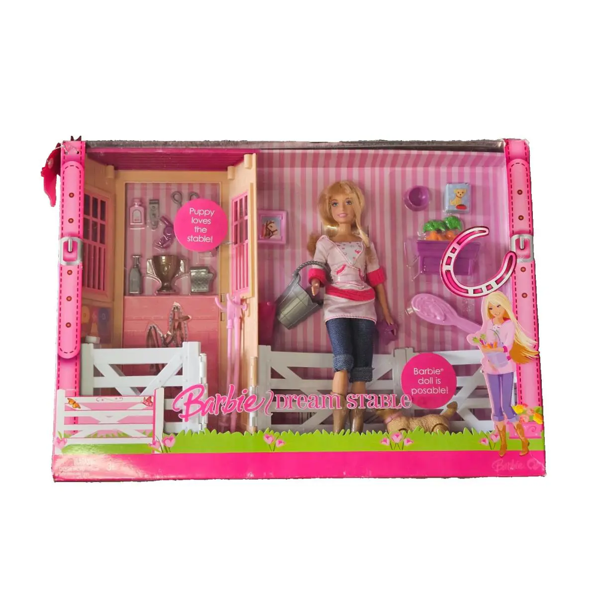 2007 Dream Stable with Barbie Doll Puppy Bucket Hairbrush Fence Rake