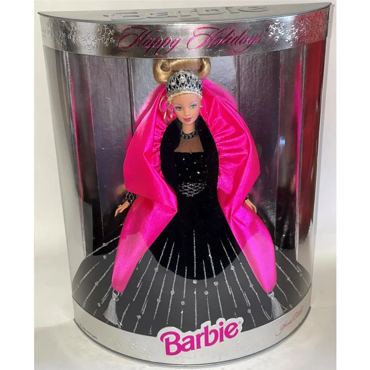 1998 Happy Holidays Barbie Doll Black Gown Dress Hot Pink Shawl Mattel 20200