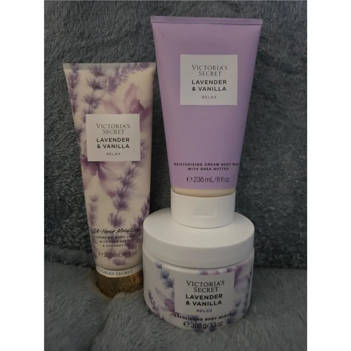 Victoria`s Secret Lavender Vanilla 3 Pc Set- Lotion Body Wash Body Scrub