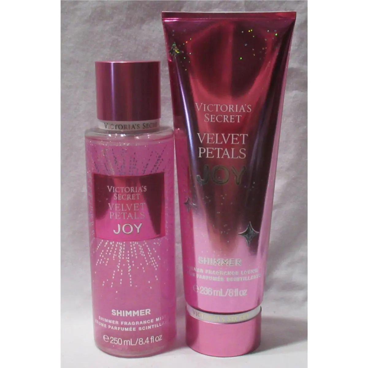 Victoria`s Secret Shimmer Fragrance Mist Lotion Set Lot of 2 Velvet Petals Joy