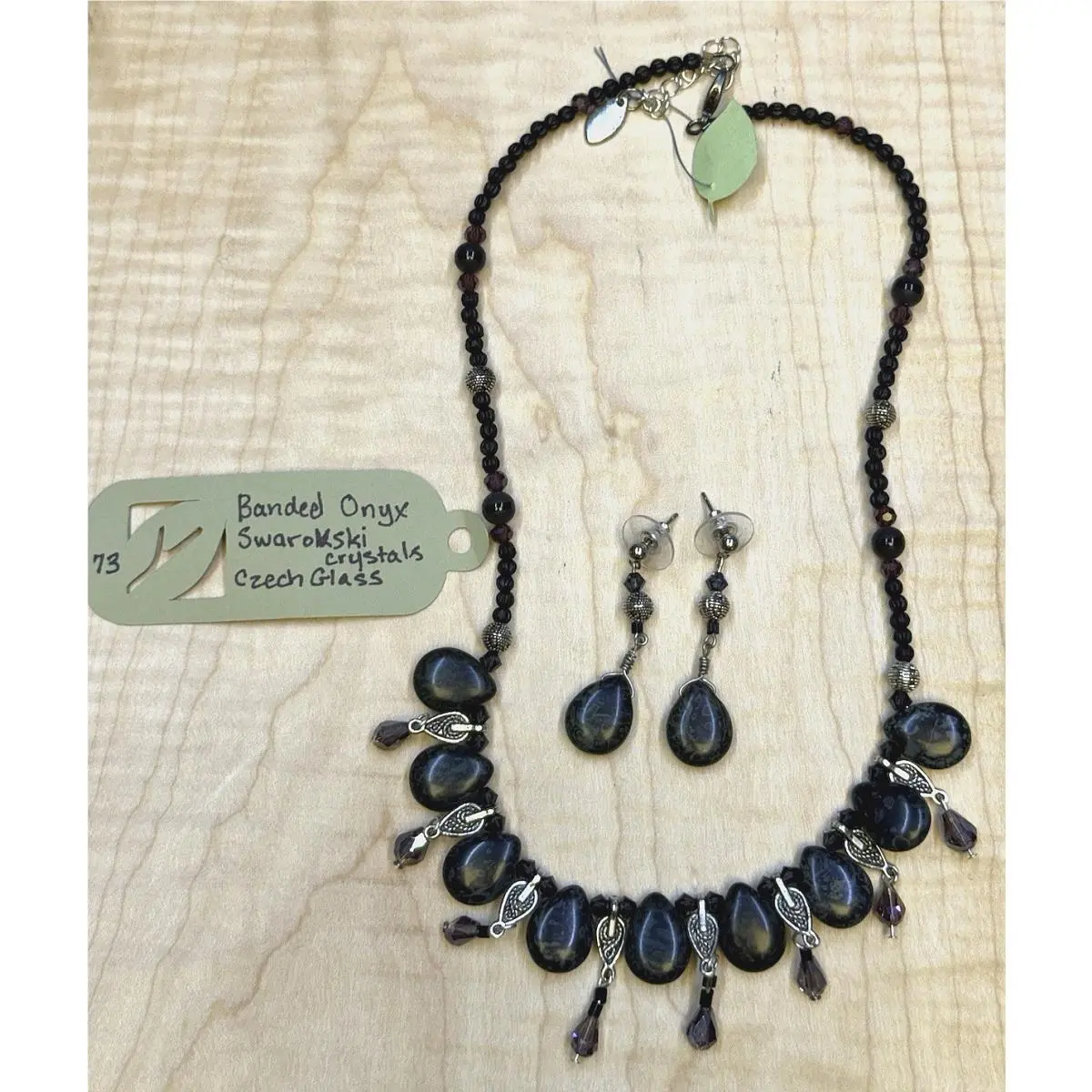 Handmade Banded Onyx Necklace Earrings Set Swarovski Crystals Elegant