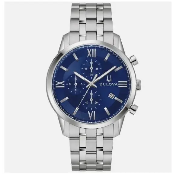 Bulova Sutton Chronograph Blue Dial Stainless Steel Men`s 41mm Watch 96B476