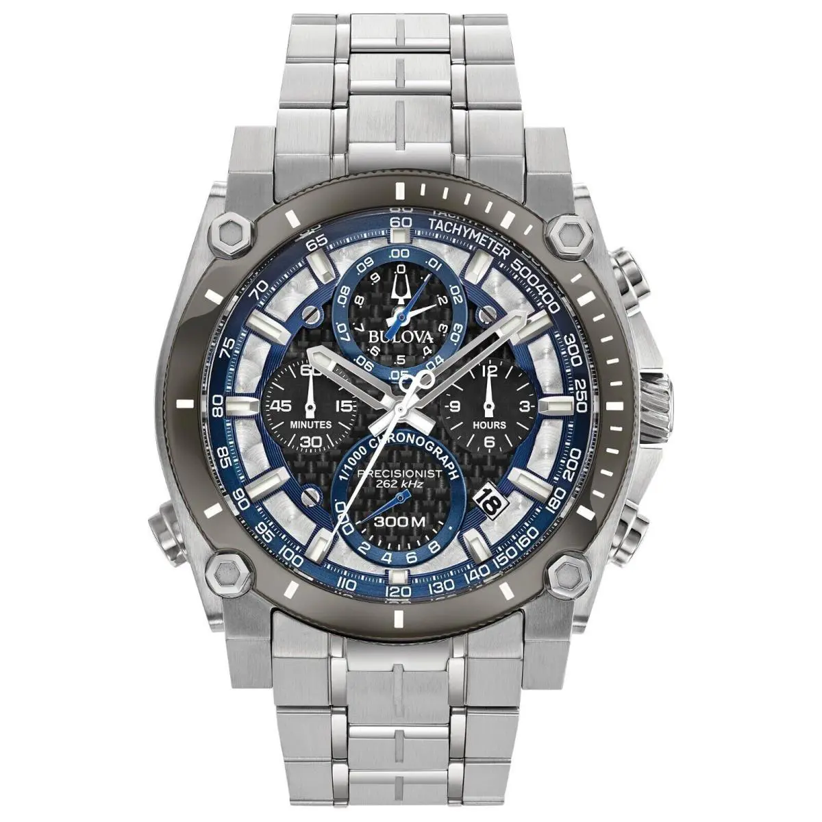 Bulova Man`s Precisionist Chronograph Carbon Dial Icon Watch 98B316 - Dial: Blue, Gray, Silver, Band: Silver, Bezel: Gray