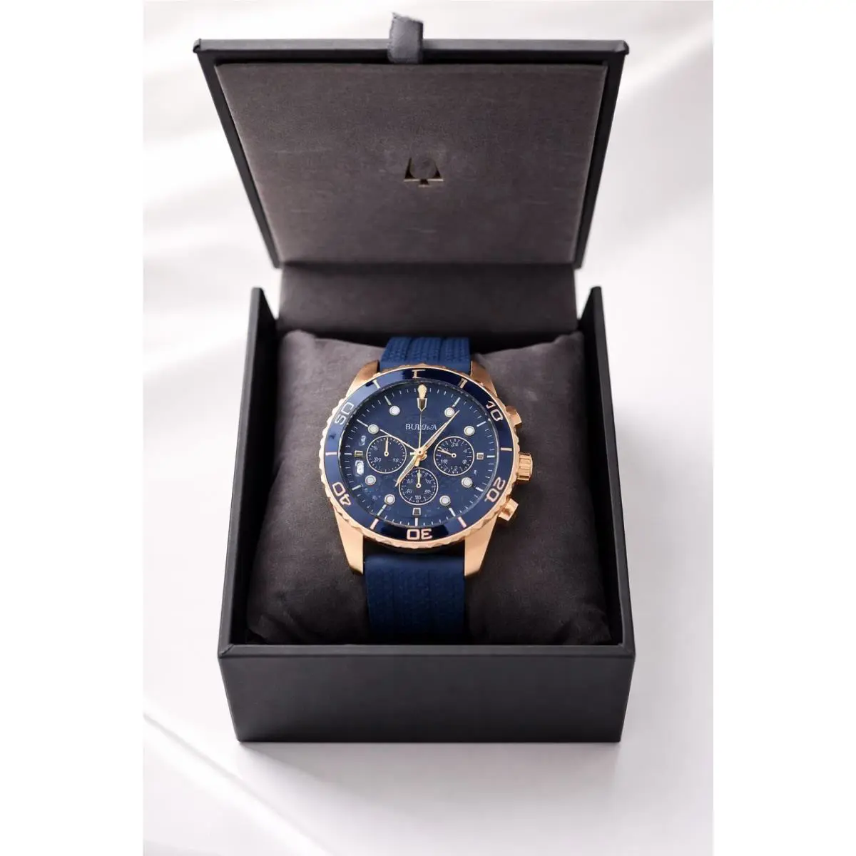 Bulova Men`s Chronograph Watch - Blue Dial Rose Gold Case Box