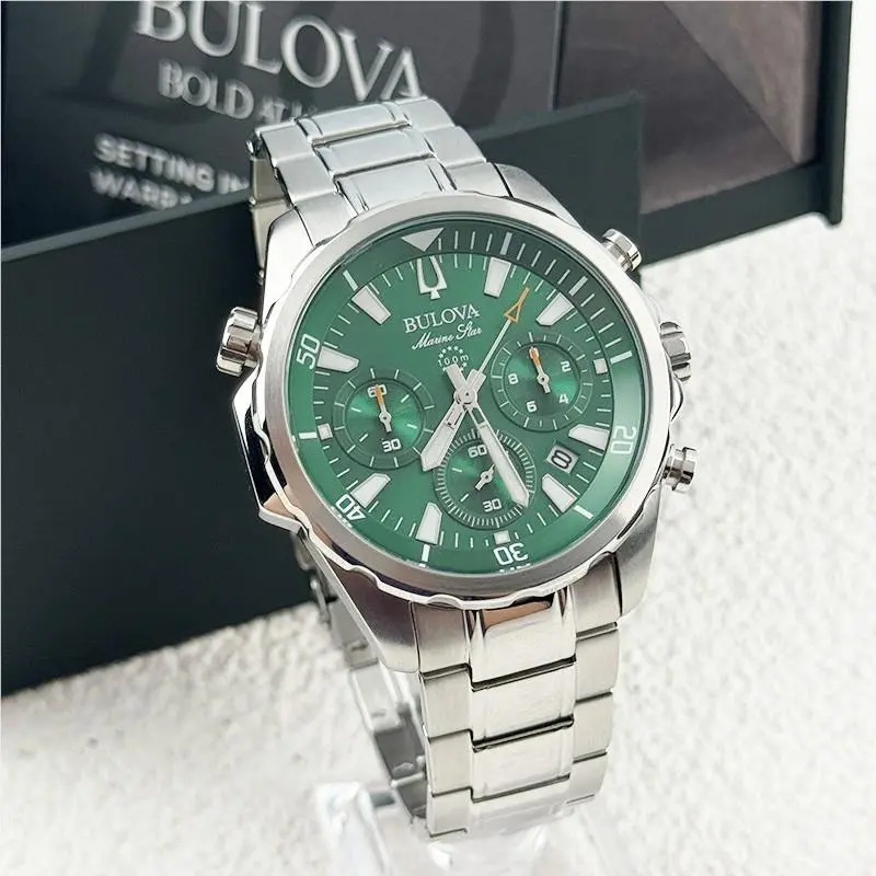 Bulova Marine Star 96B396 Green Dial Chronograph Quartz Men`s Watch 43MM