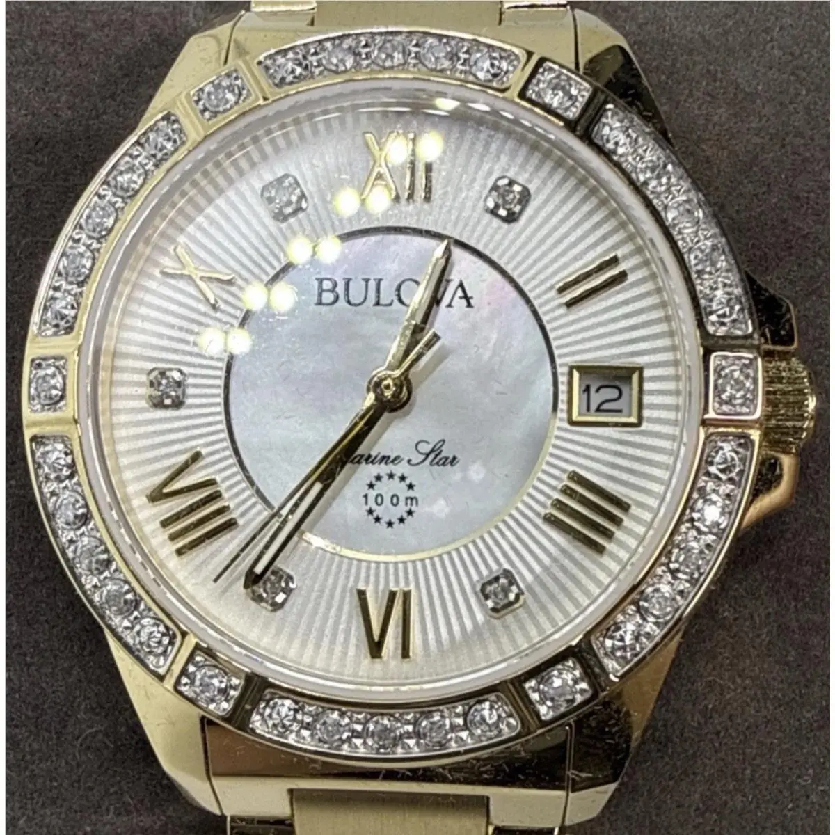 Bulova Marine Star 98R235 33mm Womens 41-Diamond Mop Date Gold Tone Watch