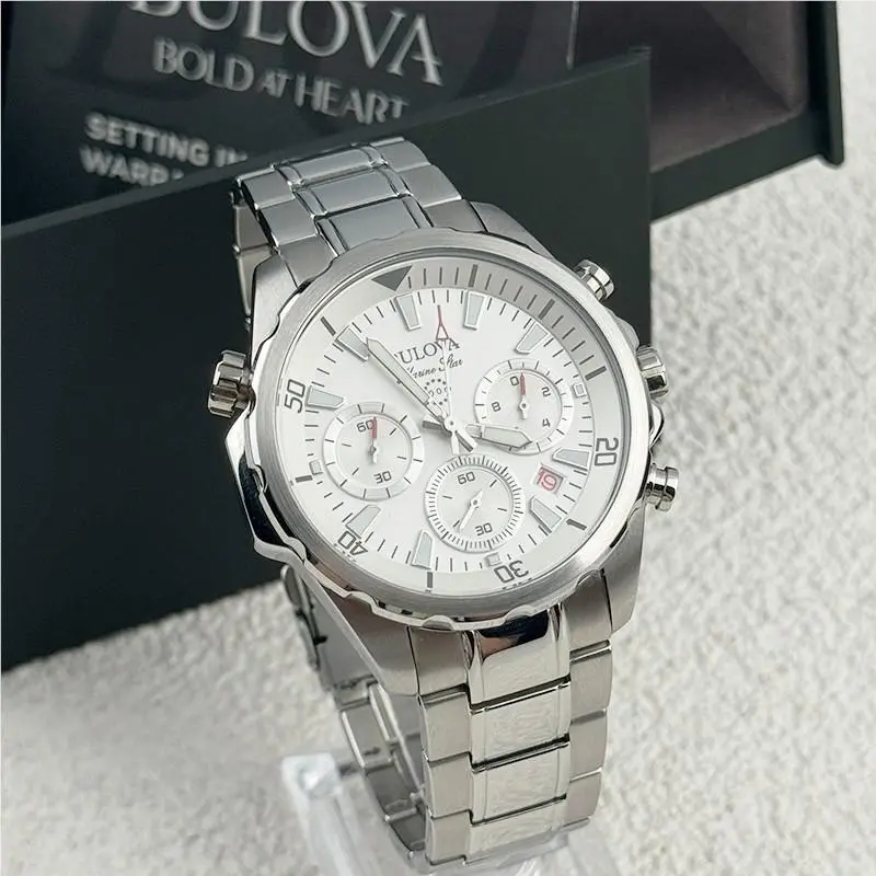 Bulova Marine Star White Dial Chronograph Men`s Quartz Watch 43MM 96B255