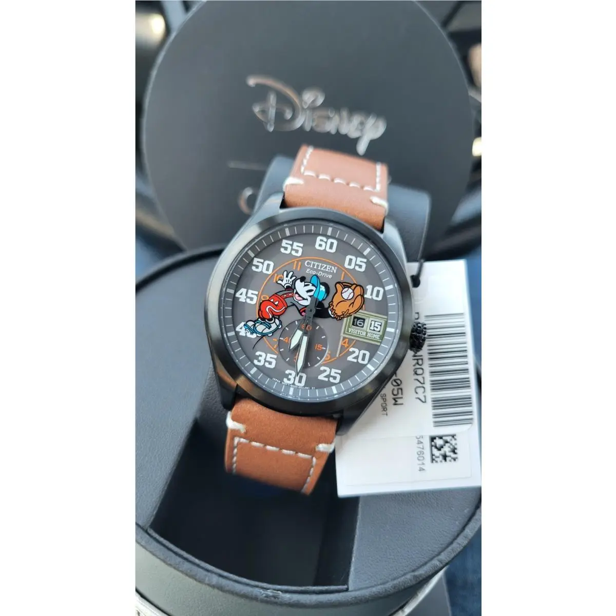 Citizen Mickey Mouse Baseball Watch Men Brown Leather Disney BV1089-05W - Band: Brown