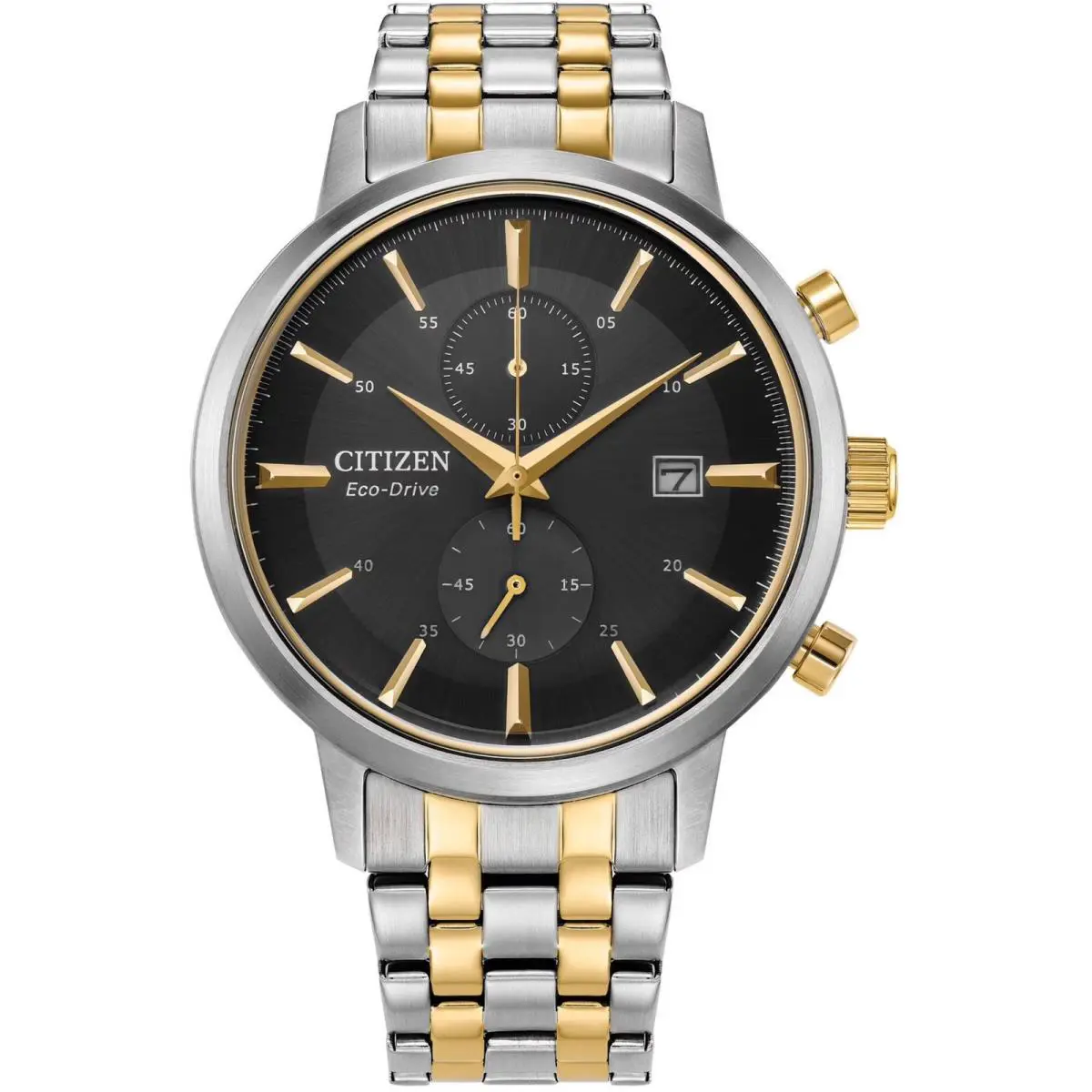 Citizen Men`s Watch Eco-drive Chrono Black Dial Two Tone Bracelet CA7064-52E