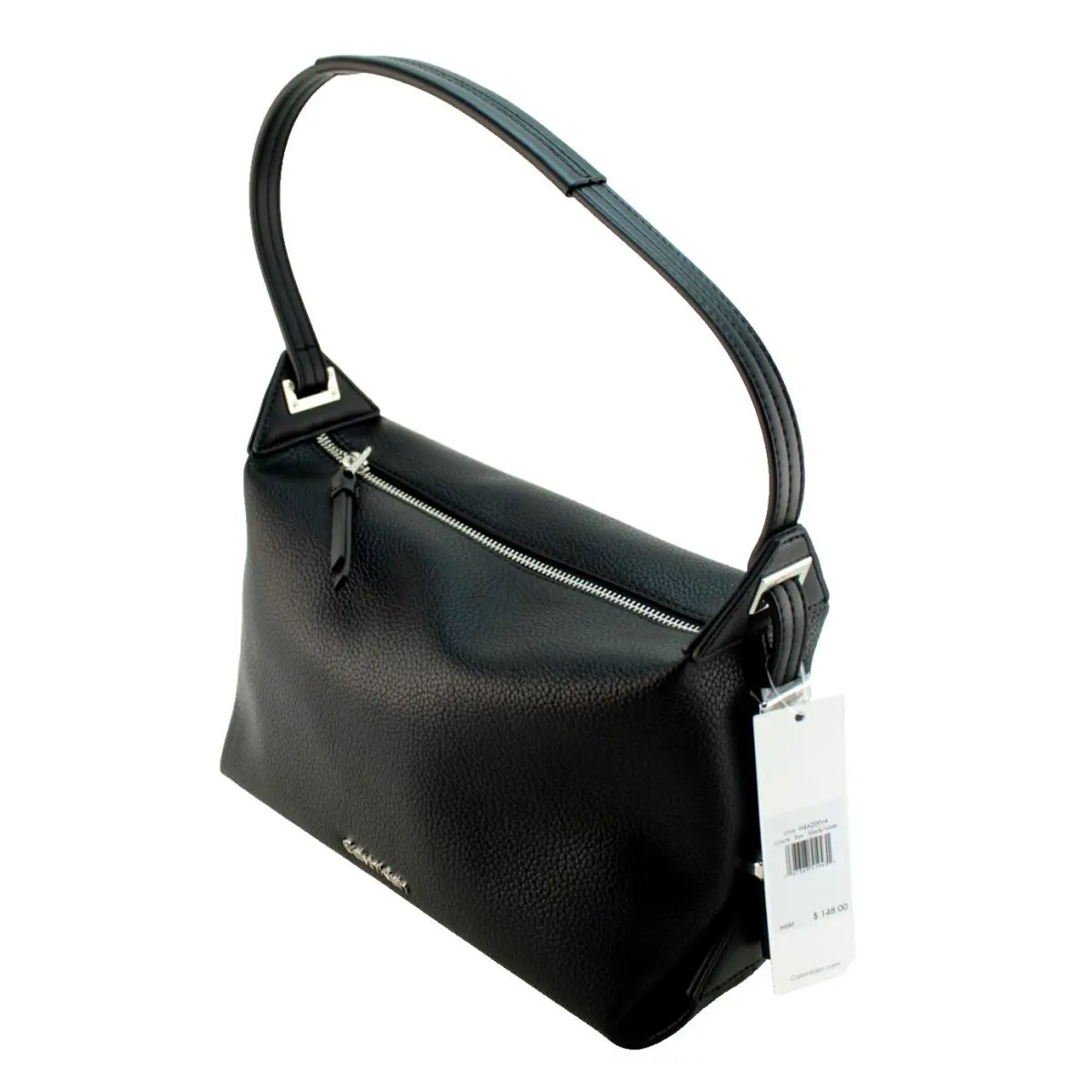 Calvin Klein Black Pebbled Leather Silver Logo Hobo Shoulder Handbag