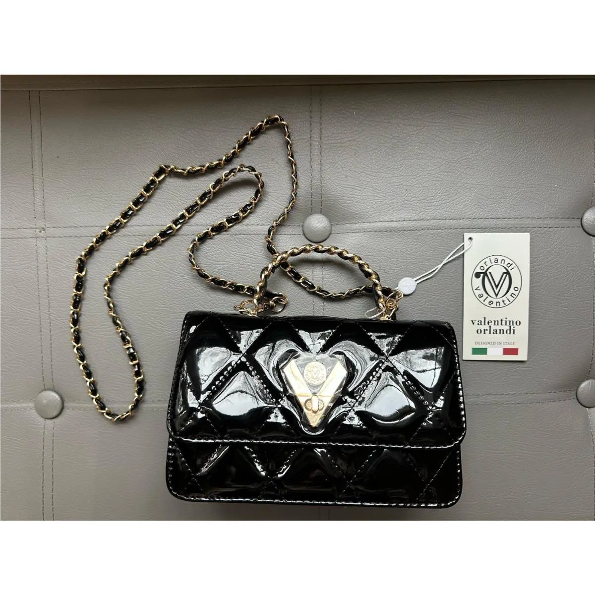 Valentino Orlandi Quilted Bag with V Lock Trolly Pocket. V- Black