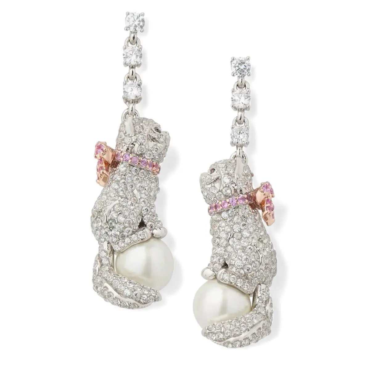 Kate Spade Pawlina Cat Kitten Pink Bow Rhinestone Pearl Linear Earrings New
