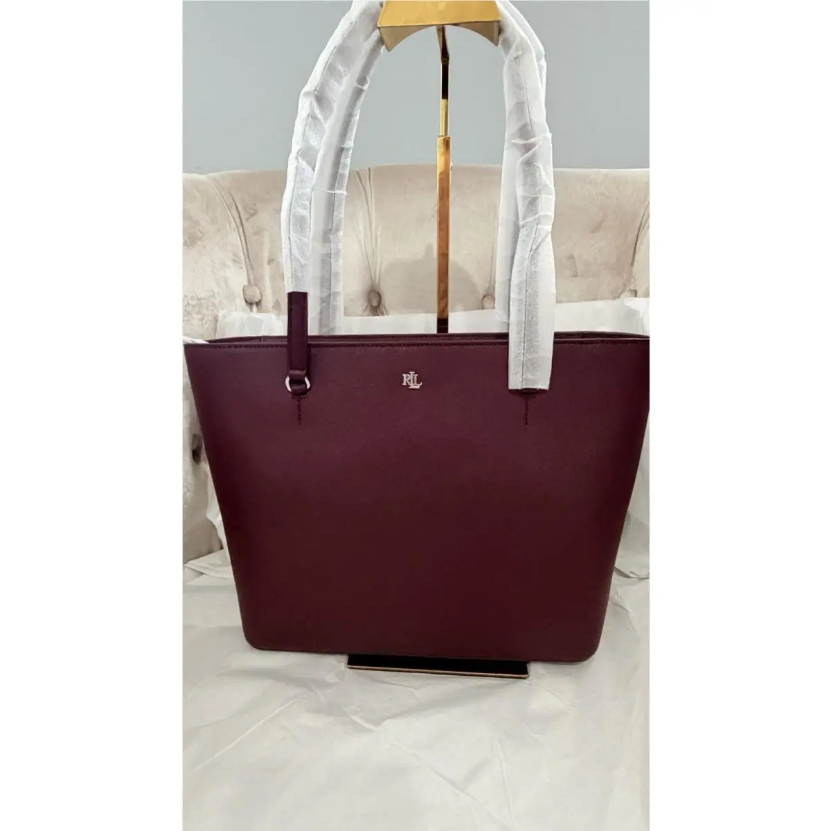 Ralph Lauren Crosshatch Leather Medium Zip Karly Tote Shopper Bag Burgundy