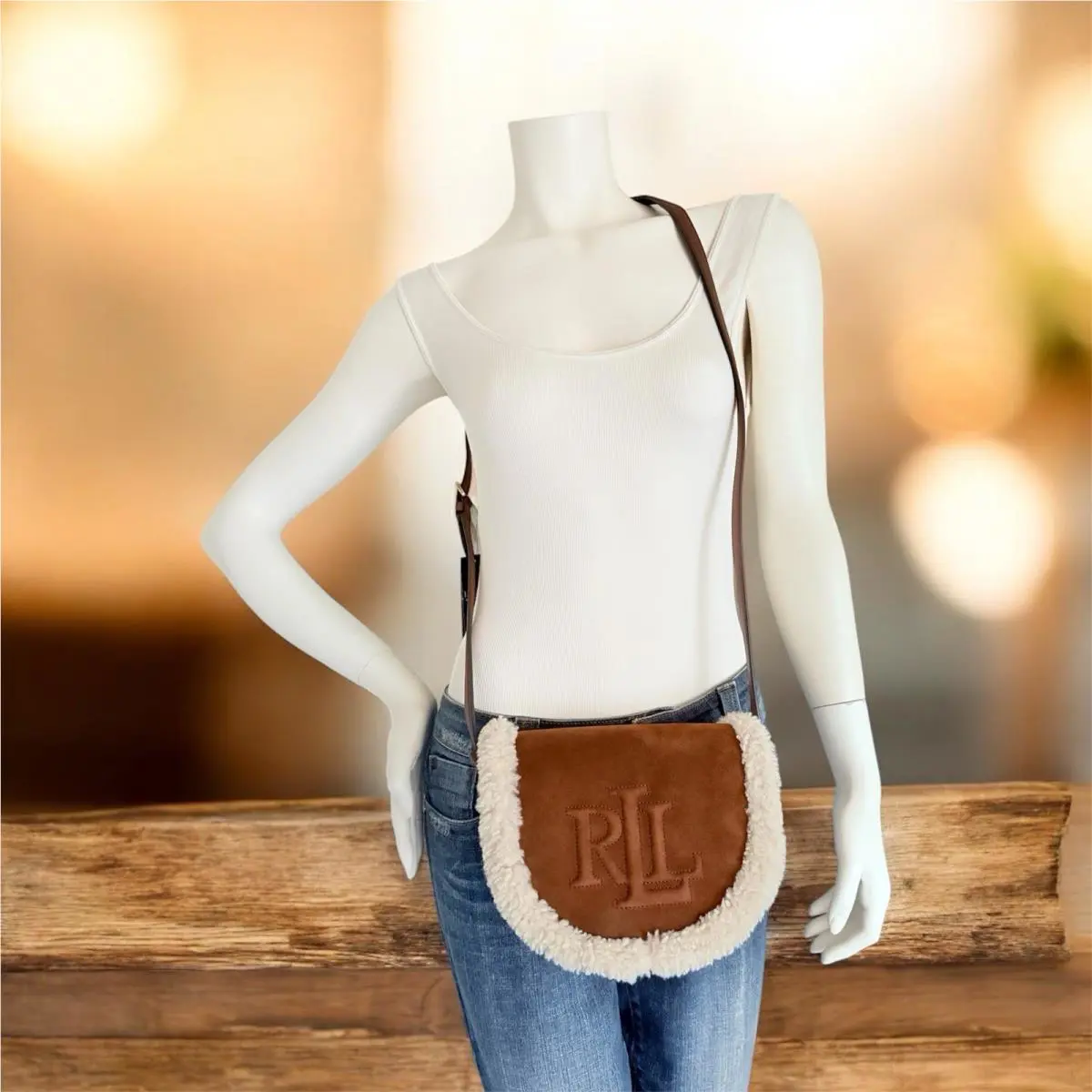 Lauren Ralph Lauren Suede Shearling Trim Medium Witley Crossbody Bag