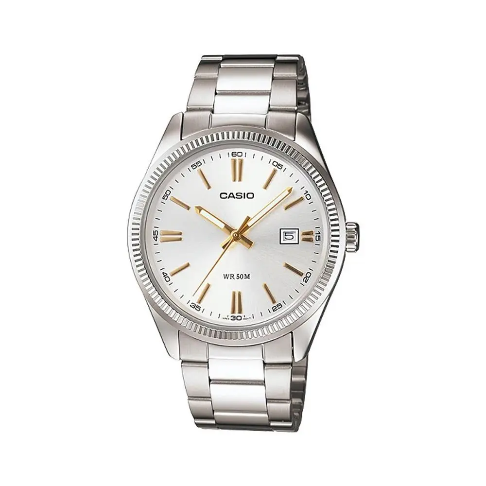 Casio MTP1302D-7A2V Men`s Vintage Classic Stainless Steel Date Silver Dial Watch - Dial: Silver, Band: Silver, Bezel: Silver