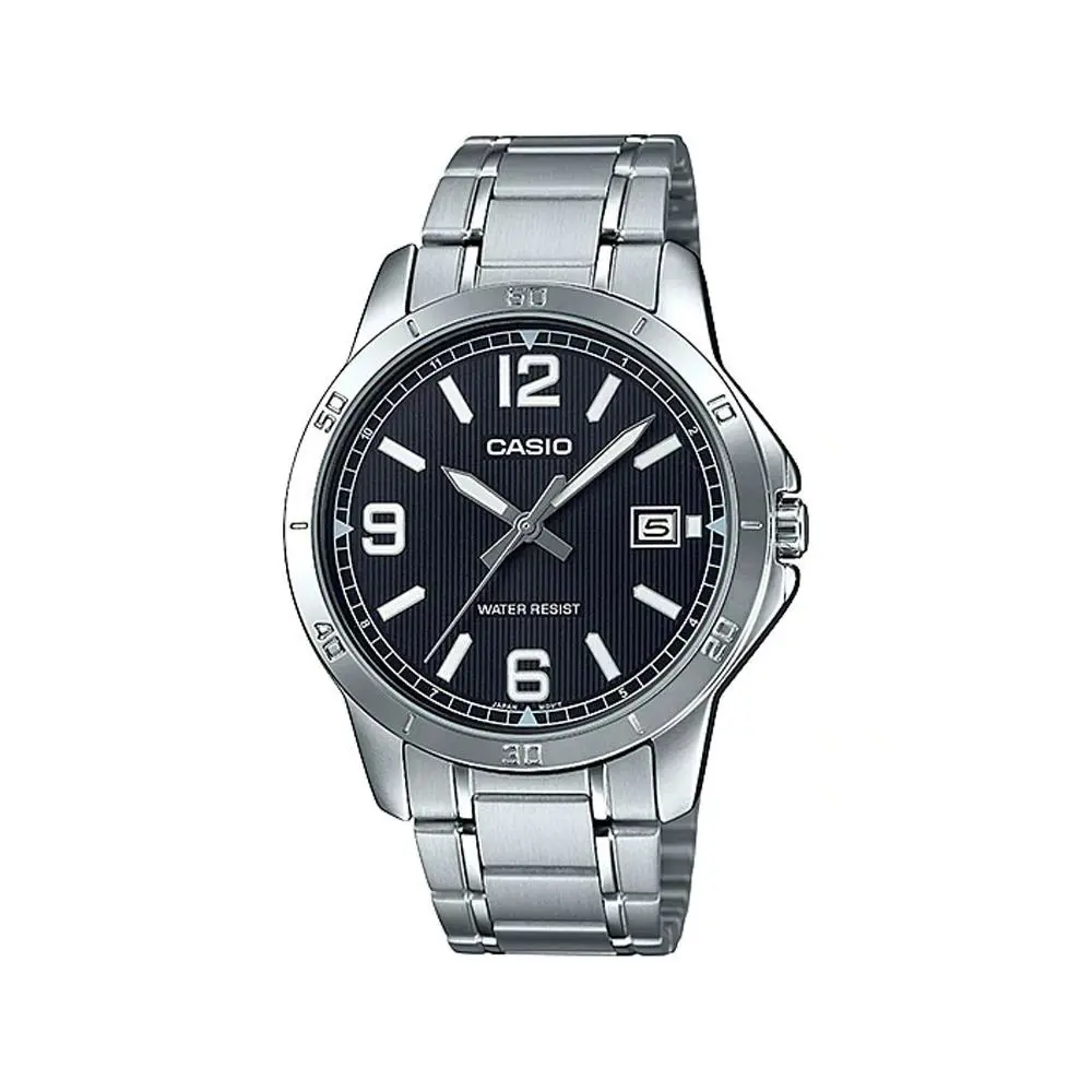 Casio MTP-V004D-1B2 Men`s Dress Stainless Steel Black Dial Analog Date Watch - Dial: Black, Band: Silver, Bezel: Silver