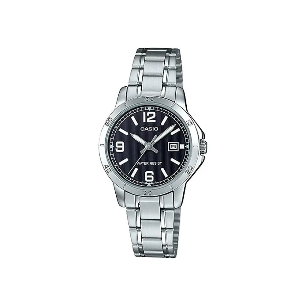 Casio LTP-V004D-1B2 Women`s Dress Stainless Steel Black Dial Date Watch - Dial: Black, Band: Silver, Bezel: Silver