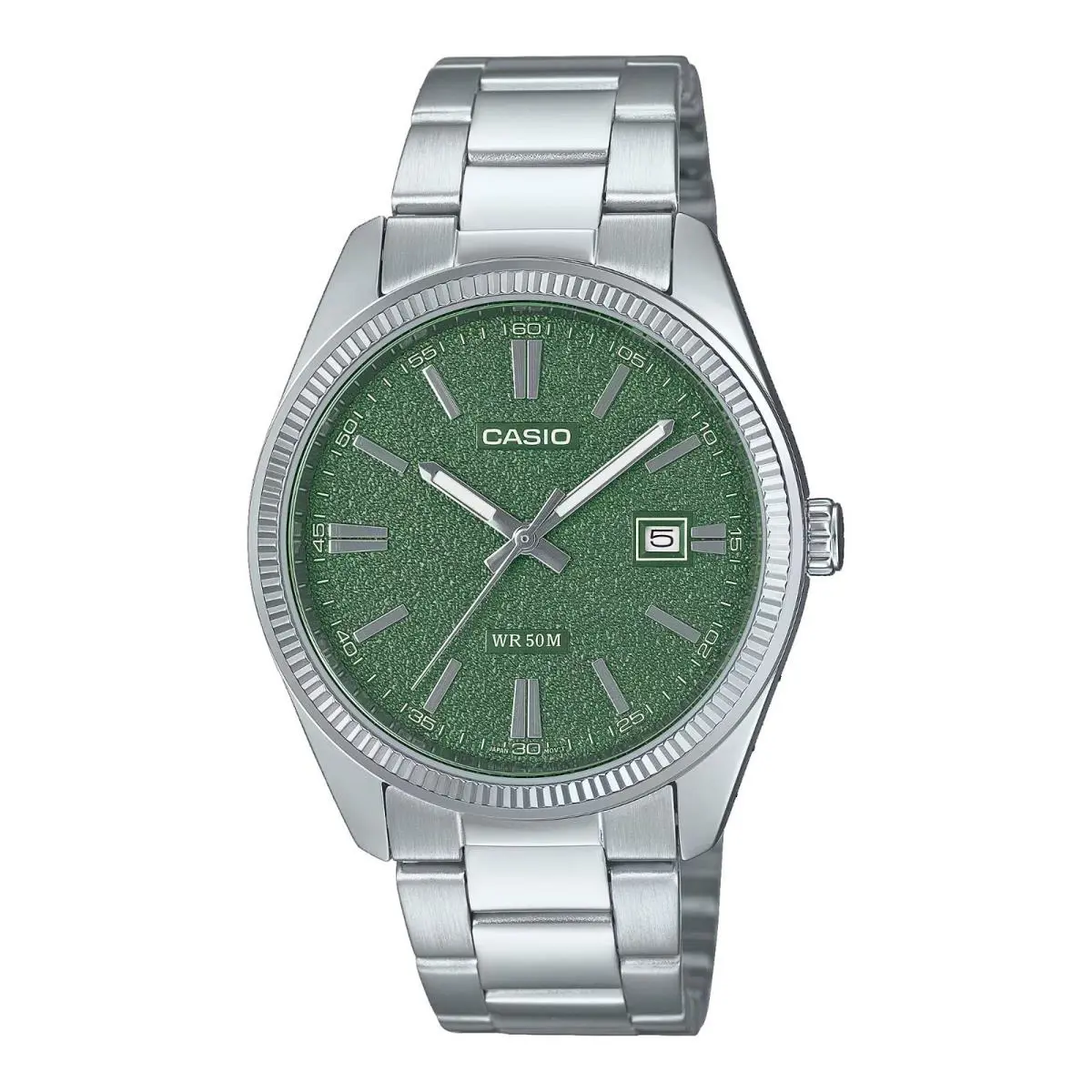 Casio MTP1302DA-3AV Men`s Vintage Classic Stainless Steel Matte Green Dial Watch - Dial: Green, Band: Silver, Bezel: Silver