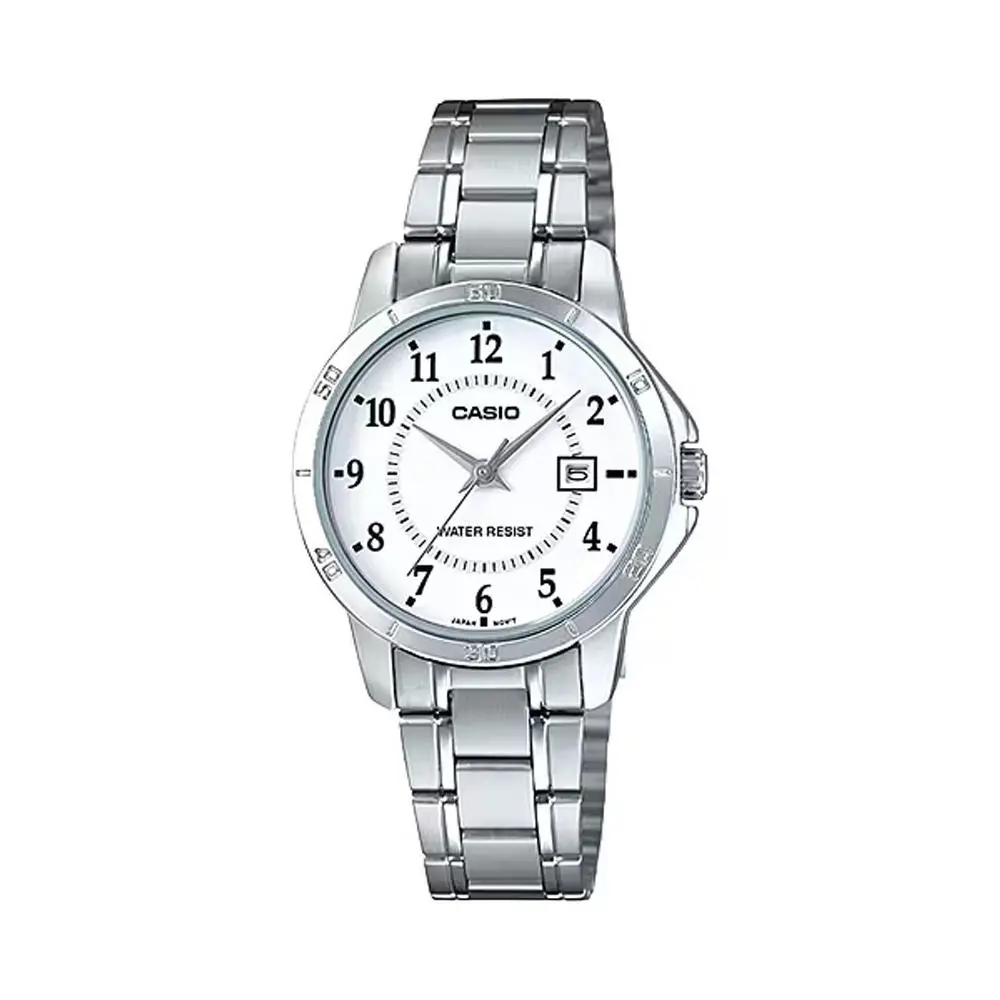 Casio LTP-V004D-7B Women`s Dress Stainless Steel White Dial Date Watch - Dial: White, Band: Silver, Bezel: Silver