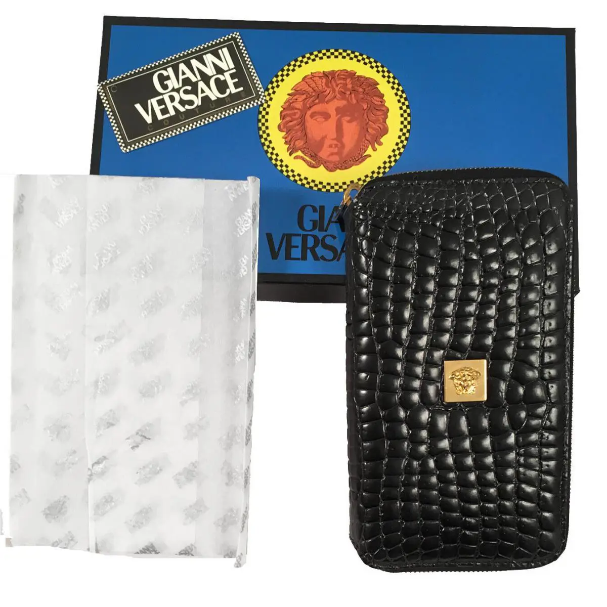 Vintage 90`s Gianni Versace Crocodile Large Zipper Wallet Black