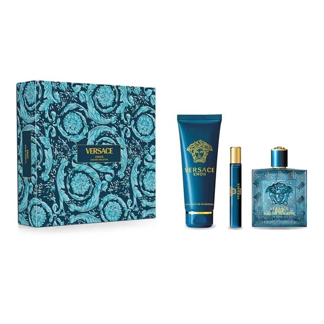 Versace Eros Men`s Set Shower Gel 5.0oz Eau De Toilette 3.4oz Edt Travel 0.3oz
