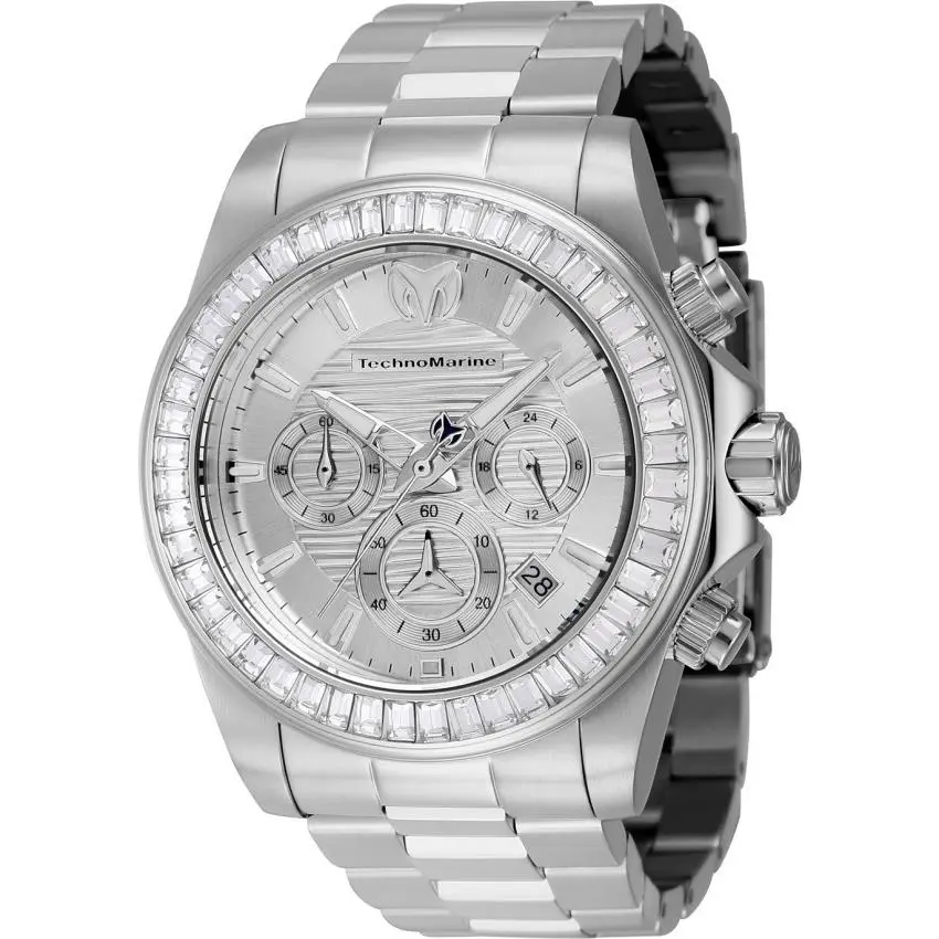 Technomarine Manta Ray Lux Men`s 42mm 48 Crystals Silver Chrono Watch TM-222001 - Dial: Silver, White, Band: Silver, Bezel: Silver, White